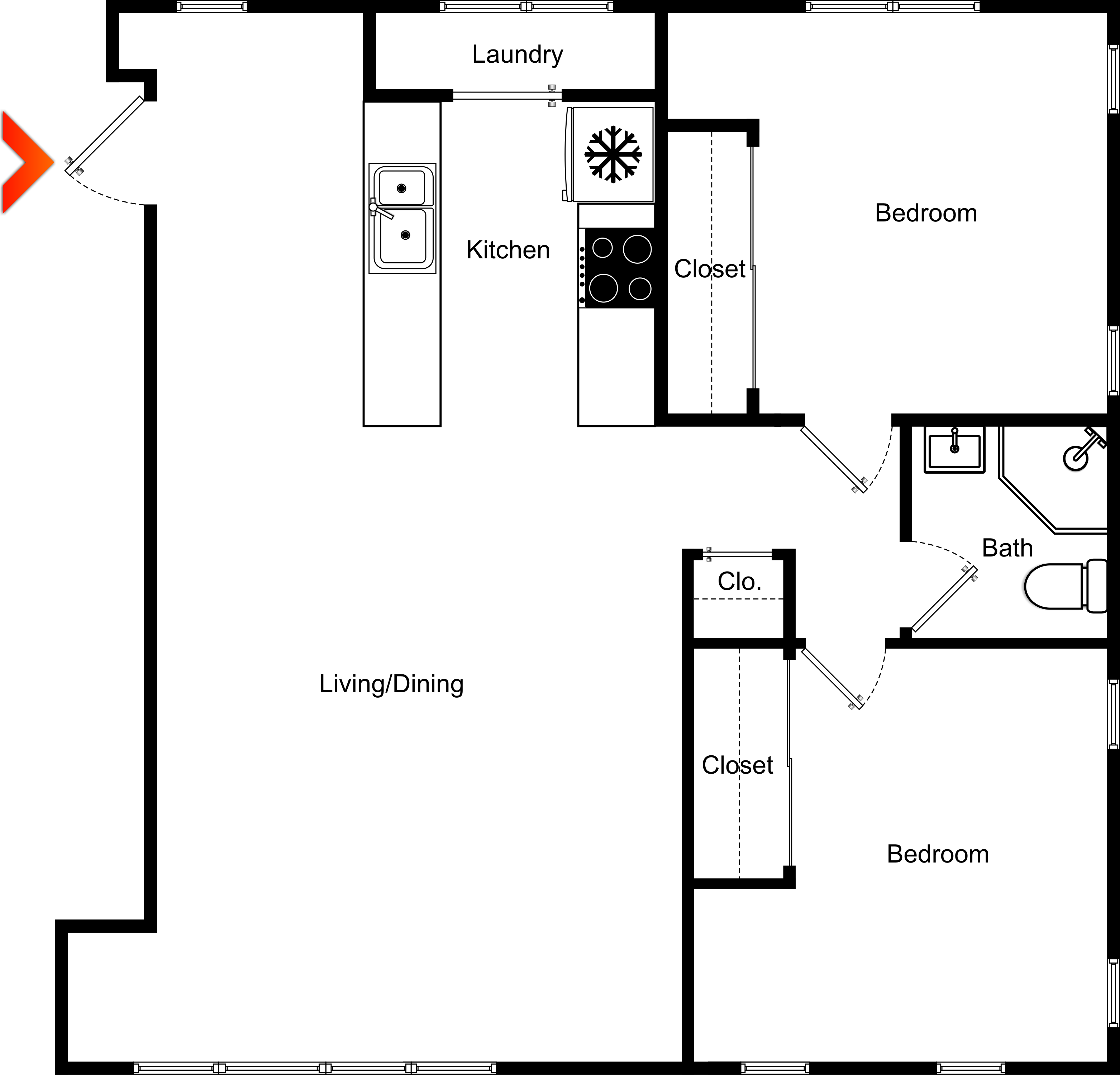 Floor plan for 2 beds, 1 bath, 950 sqft